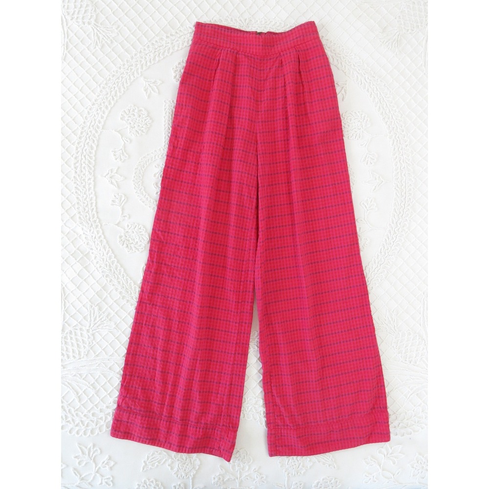 Anthropologie Pink Gingham Wide Leg Pants Size 0 High Rise Pleated Cotton Plaid